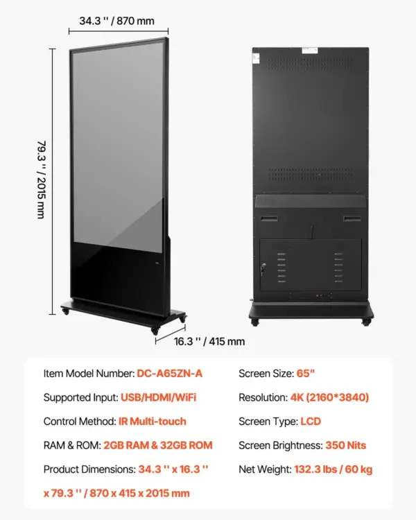 VEVOR 65 Inch Digital Signage Display, Touchscreen Digital Kiosk, Indoor Floor Standing Kiosk Display, 4K UHD LCD Screen, 2GB RAM & 32GB ROM, with WiFi HDMI/USB Input, Commercial Advertising Display