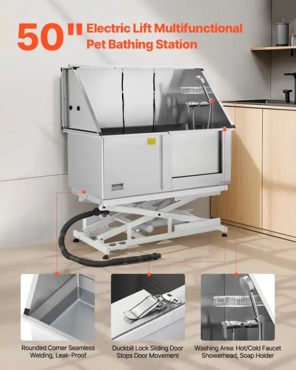 VEVOR Electric Lift Dog Washing Station, 50Inch Professional Stainless Steel Pet Grooming Tub w/ Non-Slip Drain Board,Faucet & Showerhead for Home & Grooming Shop,Fits Medium & Large Pets (Right Door)