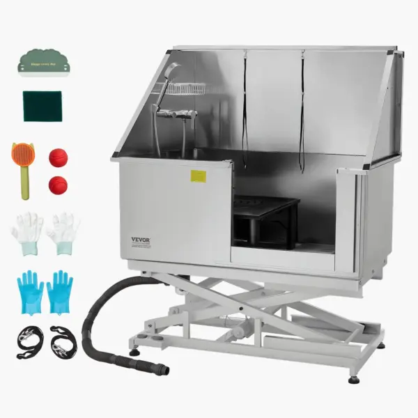 VEVOR Electric Lift Dog Washing Station, 50Inch Professional Stainless Steel Pet Grooming Tub w/ Non-Slip Drain Board,Faucet & Showerhead for Home & Grooming Shop,Fits Medium & Large Pets (Right Door)