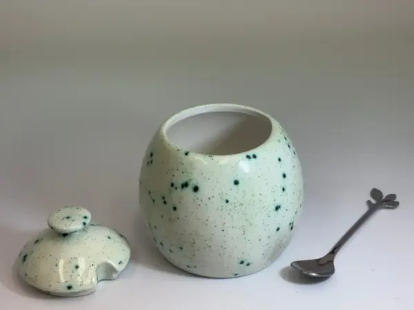 Sugar Bowl with Silver Leafy Spoon Speckled Green Glaze