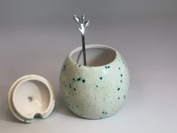 Sugar Bowl with Silver Leafy Spoon Speckled Green Glaze