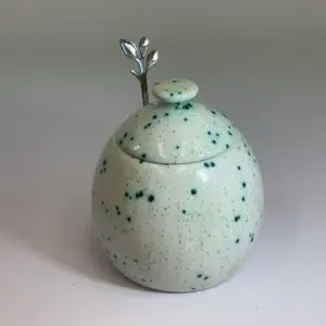 Sugar Bowl with Silver Leafy Spoon Speckled Green Glaze