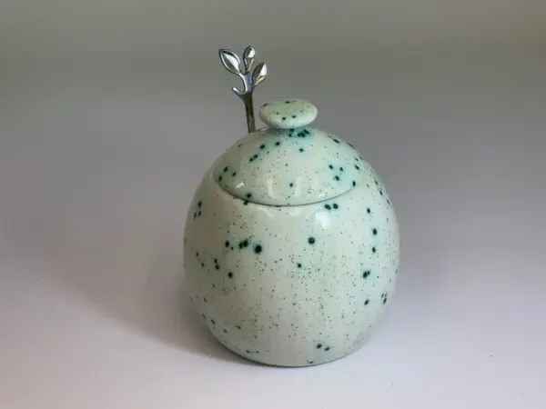 Sugar Bowl with Silver Leafy Spoon Speckled Green Glaze