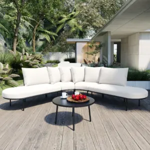 Patio Half- Moon Curved Outdoor Furniture Sofa Set with Coffee Table, All Weather Iron Frame Outdoor Indoor Conversation Set for 6 People, Padded Seats and Backrest Cushions for Garden, Beige