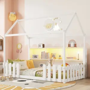 Twin Size House Bed with LED Light, Wood House Bed with Storage Bookshelf, Floor House Bed with Guardrails for Kids, White