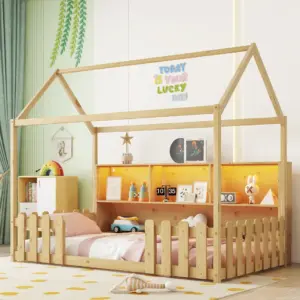 Twin Size House Bed with LED Light, Wood House Bed with Storage Bookshelf, Floor House Bed with Guardrails for Kids, Natural (Expect Arrival Date 2025/3/14)