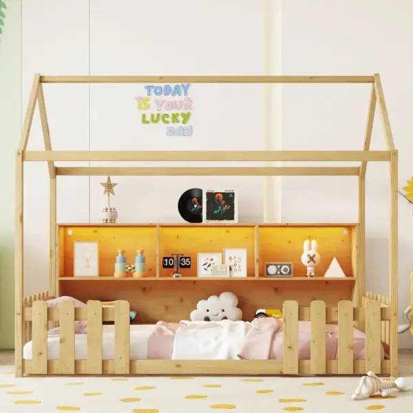 Twin Size House Bed with LED Light, Wood House Bed with Storage Bookshelf, Floor House Bed with Guardrails for Kids, Natural (Expect Arrival Date 2025/3/14)