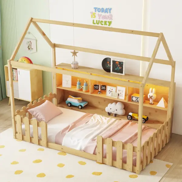Twin Size House Bed with LED Light, Wood House Bed with Storage Bookshelf, Floor House Bed with Guardrails for Kids, Natural (Expect Arrival Date 2025/3/14)
