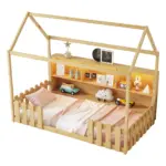 Twin Size House Bed with LED Light, Wood House Bed with Storage Bookshelf, Floor House Bed with Guardrails for Kids, Natural (Expect Arrival Date 2025/3/14)