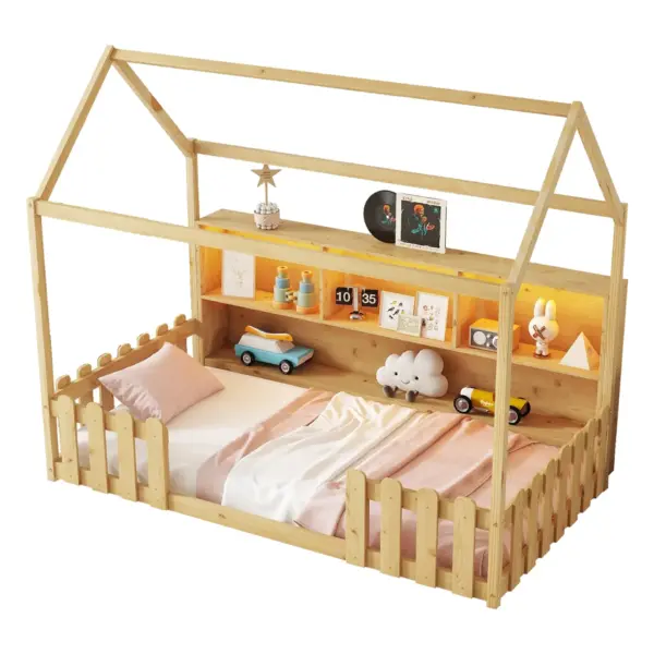 Twin Size House Bed with LED Light, Wood House Bed with Storage Bookshelf, Floor House Bed with Guardrails for Kids, Natural (Expect Arrival Date 2025/3/14)