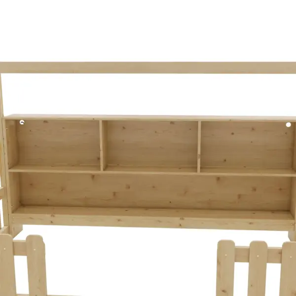 Twin Size House Bed with LED Light, Wood House Bed with Storage Bookshelf, Floor House Bed with Guardrails for Kids, Natural (Expect Arrival Date 2025/3/14)