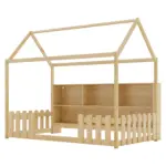 Twin Size House Bed with LED Light, Wood House Bed with Storage Bookshelf, Floor House Bed with Guardrails for Kids, Natural (Expect Arrival Date 2025/3/14)