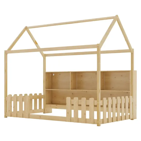 Twin Size House Bed with LED Light, Wood House Bed with Storage Bookshelf, Floor House Bed with Guardrails for Kids, Natural (Expect Arrival Date 2025/3/14)