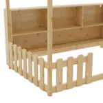 Twin Size House Bed with LED Light, Wood House Bed with Storage Bookshelf, Floor House Bed with Guardrails for Kids, Natural (Expect Arrival Date 2025/3/14)