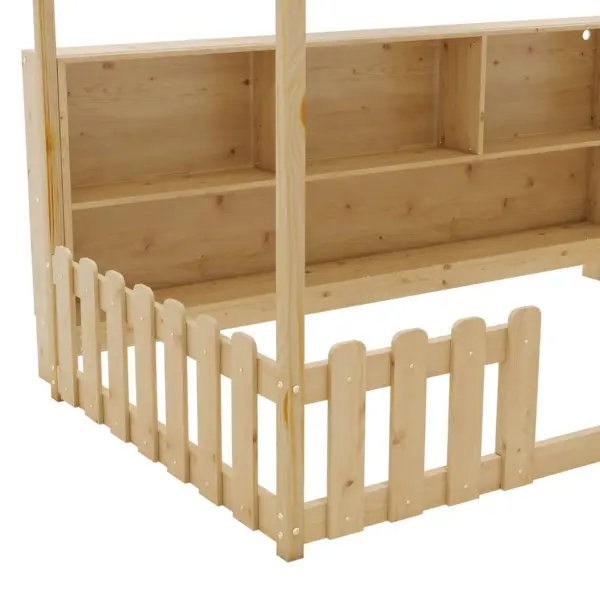 Twin Size House Bed with LED Light, Wood House Bed with Storage Bookshelf, Floor House Bed with Guardrails for Kids, Natural (Expect Arrival Date 2025/3/14)