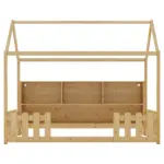 Twin Size House Bed with LED Light, Wood House Bed with Storage Bookshelf, Floor House Bed with Guardrails for Kids, Natural (Expect Arrival Date 2025/3/14)