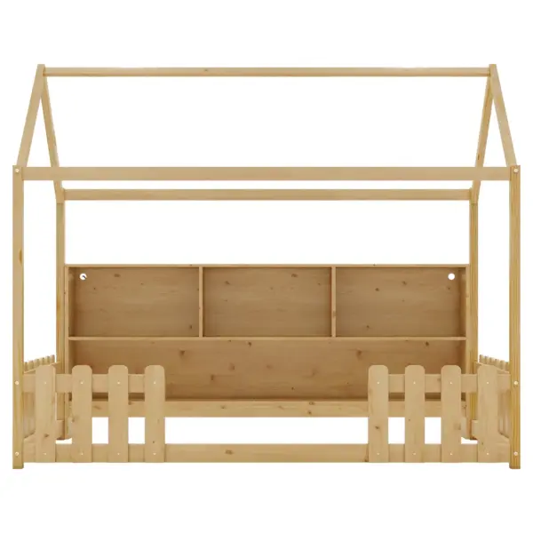 Twin Size House Bed with LED Light, Wood House Bed with Storage Bookshelf, Floor House Bed with Guardrails for Kids, Natural (Expect Arrival Date 2025/3/14)