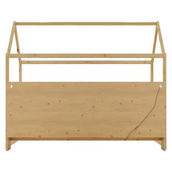 Twin Size House Bed with LED Light, Wood House Bed with Storage Bookshelf, Floor House Bed with Guardrails for Kids, Natural (Expect Arrival Date 2025/3/14)