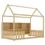 Twin Size House Bed with LED Light, Wood House Bed with Storage Bookshelf, Floor House Bed with Guardrails for Kids, Natural (Expect Arrival Date 2025/3/14)