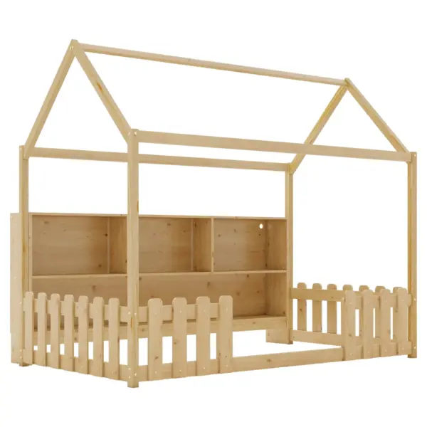 Twin Size House Bed with LED Light, Wood House Bed with Storage Bookshelf, Floor House Bed with Guardrails for Kids, Natural (Expect Arrival Date 2025/3/14)