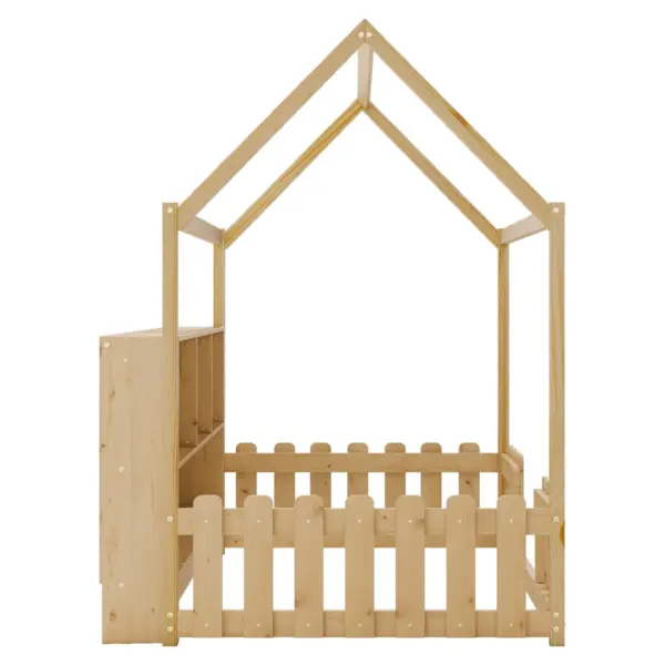 Twin Size House Bed with LED Light, Wood House Bed with Storage Bookshelf, Floor House Bed with Guardrails for Kids, Natural (Expect Arrival Date 2025/3/14)