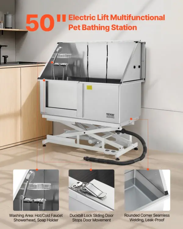 VEVOR Electric Lift Dog Washing Station, 50 inch Professional Stainless Steel Pet Grooming Tub w/ PE Water Filter Board, Faucet & Showerhead Dog Bathtub Washing Sink for Multiple Pets (Left Door)
