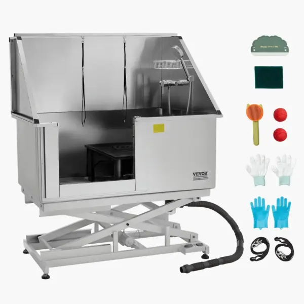 VEVOR Electric Lift Dog Washing Station, 50 inch Professional Stainless Steel Pet Grooming Tub w/ PE Water Filter Board, Faucet & Showerhead Dog Bathtub Washing Sink for Multiple Pets (Left Door)