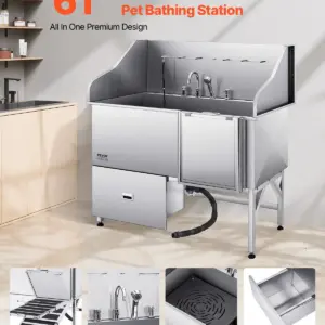 VEVOR Stainless Steel Dog Washing Station, 61 inch Pet Grooming Tub w/ Ramp, Water Filter Board, Faucet & Showerhead & Leash Dog Bathtub for Large & Medium & Small Pets (Right Door)