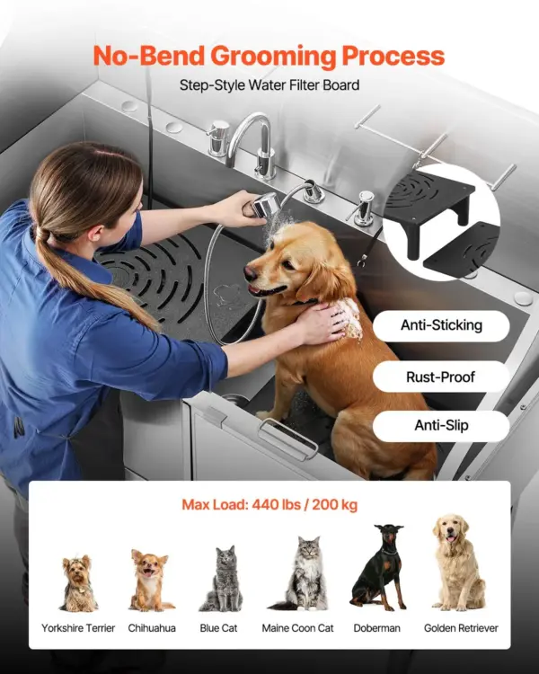 VEVOR Stainless Steel Dog Washing Station, 61 inch Pet Grooming Tub w/ Ramp, Water Filter Board, Faucet & Showerhead & Leash Dog Bathtub for Large & Medium & Small Pets (Right Door)