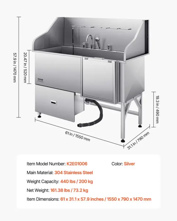 VEVOR Stainless Steel Dog Washing Station, 61 inch Pet Grooming Tub w/ Ramp, Water Filter Board, Faucet & Showerhead & Leash Dog Bathtub for Large & Medium & Small Pets (Right Door)