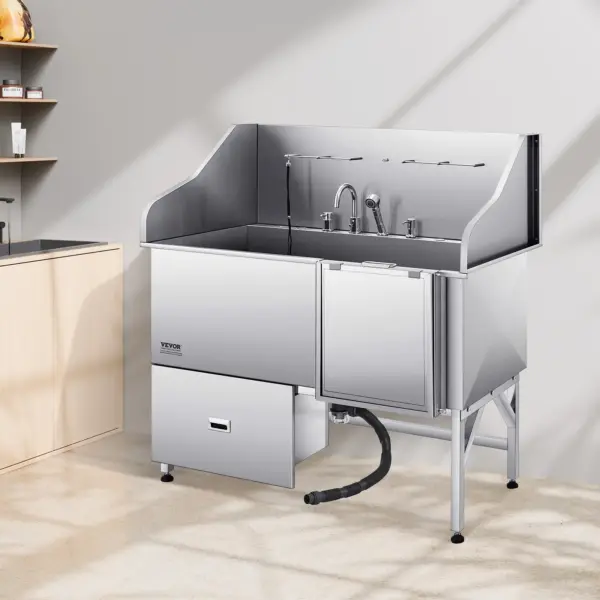 VEVOR Stainless Steel Dog Washing Station, 61 inch Pet Grooming Tub w/ Ramp, Water Filter Board, Faucet & Showerhead & Leash Dog Bathtub for Large & Medium & Small Pets (Right Door)