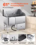 VEVOR 304 Stainless Steel Dog Washing Station, 61 Inch Pet Grooming Tub with Non-Slip Low-Slope Ramp, Storage Drawer, Hot & Cold Faucet, All-in-One Bath for Grooming Shop, Fits All Sizes (Left Door)