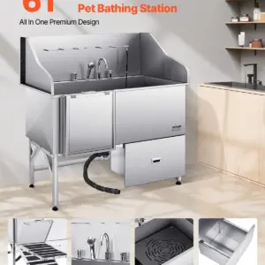 VEVOR 304 Stainless Steel Dog Washing Station, 61 Inch Pet Grooming Tub with Non-Slip Low-Slope Ramp, Storage Drawer, Hot & Cold Faucet, All-in-One Bath for Grooming Shop, Fits All Sizes (Left Door)