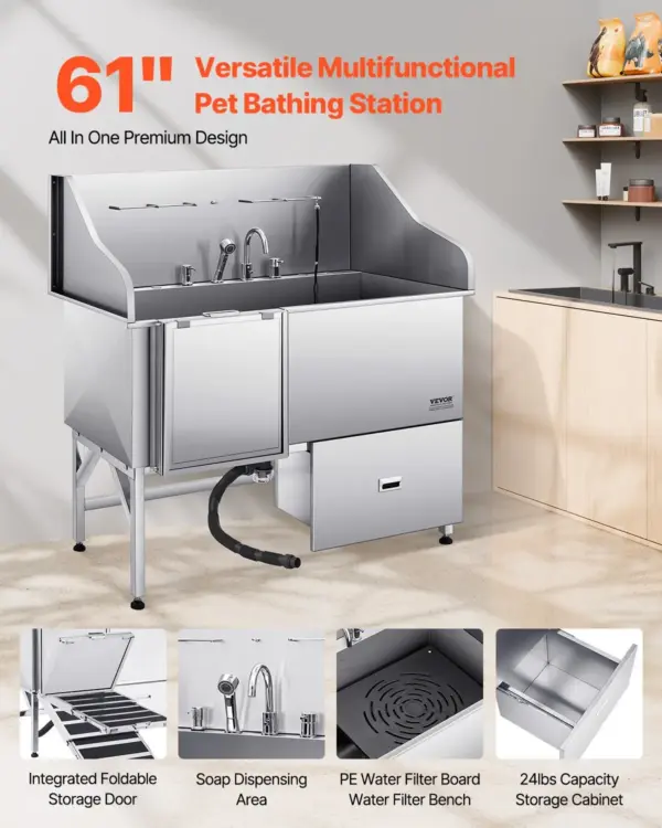 VEVOR 304 Stainless Steel Dog Washing Station, 61 Inch Pet Grooming Tub with Non-Slip Low-Slope Ramp, Storage Drawer, Hot & Cold Faucet, All-in-One Bath for Grooming Shop, Fits All Sizes (Left Door)