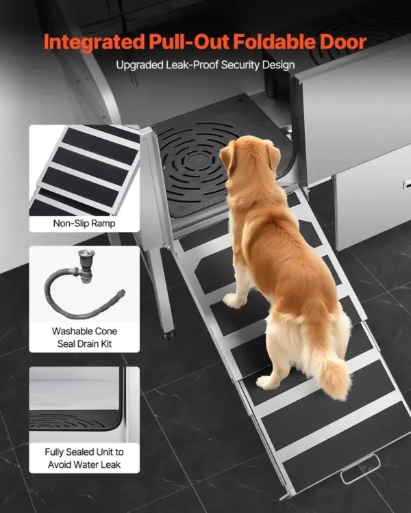 VEVOR 304 Stainless Steel Dog Washing Station, 61 Inch Pet Grooming Tub with Non-Slip Low-Slope Ramp, Storage Drawer, Hot & Cold Faucet, All-in-One Bath for Grooming Shop, Fits All Sizes (Left Door)