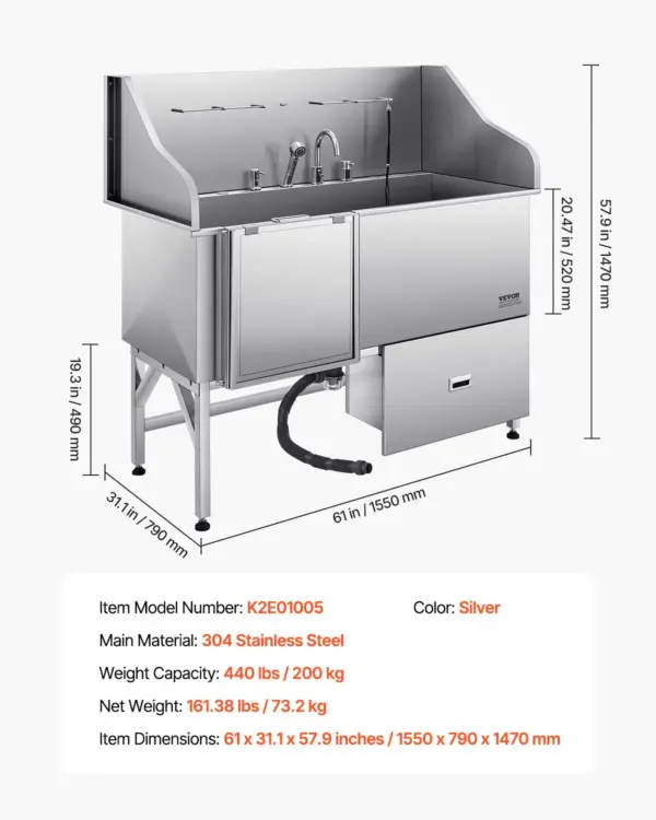 VEVOR 304 Stainless Steel Dog Washing Station, 61 Inch Pet Grooming Tub with Non-Slip Low-Slope Ramp, Storage Drawer, Hot & Cold Faucet, All-in-One Bath for Grooming Shop, Fits All Sizes (Left Door)