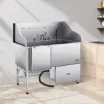 VEVOR 304 Stainless Steel Dog Washing Station, 61 Inch Pet Grooming Tub with Non-Slip Low-Slope Ramp, Storage Drawer, Hot & Cold Faucet, All-in-One Bath for Grooming Shop, Fits All Sizes (Left Door)