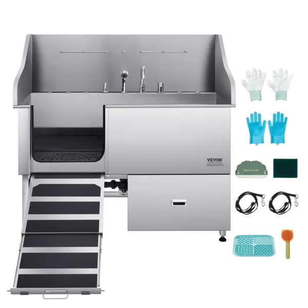 VEVOR 304 Stainless Steel Dog Washing Station, 61 Inch Pet Grooming Tub with Non-Slip Low-Slope Ramp, Storage Drawer, Hot & Cold Faucet, All-in-One Bath for Grooming Shop, Fits All Sizes (Left Door)