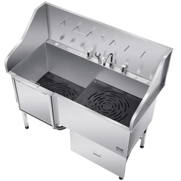 VEVOR 304 Stainless Steel Dog Washing Station, 61 Inch Pet Grooming Tub with Non-Slip Low-Slope Ramp, Storage Drawer, Hot & Cold Faucet, All-in-One Bath for Grooming Shop, Fits All Sizes (Left Door)