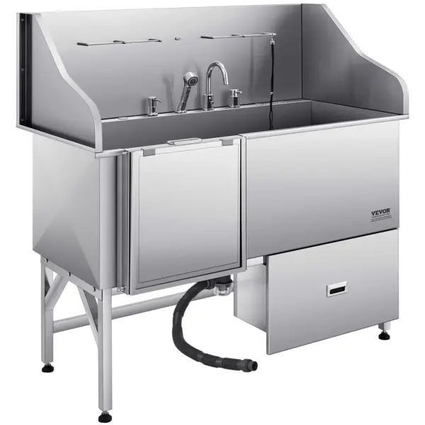 VEVOR 304 Stainless Steel Dog Washing Station, 61 Inch Pet Grooming Tub with Non-Slip Low-Slope Ramp, Storage Drawer, Hot & Cold Faucet, All-in-One Bath for Grooming Shop, Fits All Sizes (Left Door)