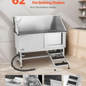 VEVOR Stainless Steel Dog Washing Station, 62 inch Pet Grooming Tub w/ Stairs, PE Water Filter Board, Faucet & Showerhead & Soap Holder Dog Bathtub for Large & Medium & Small Pets (Right Door)