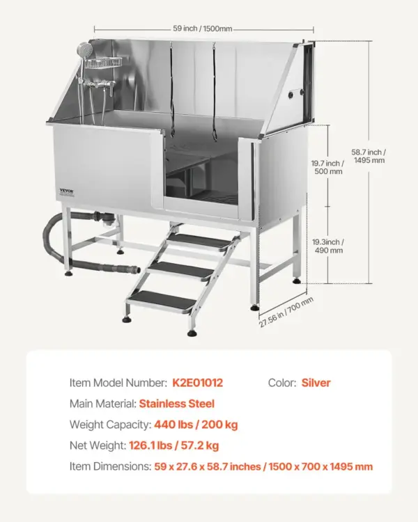 VEVOR Stainless Steel Dog Washing Station, 62 inch Pet Grooming Tub w/ Stairs, PE Water Filter Board, Faucet & Showerhead & Soap Holder Dog Bathtub for Large & Medium & Small Pets (Right Door)