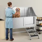 VEVOR Stainless Steel Dog Washing Station, 62 inch Pet Grooming Tub w/ Stairs, PE Water Filter Board, Faucet & Showerhead & Soap Holder Dog Bathtub for Large & Medium & Small Pets (Right Door)