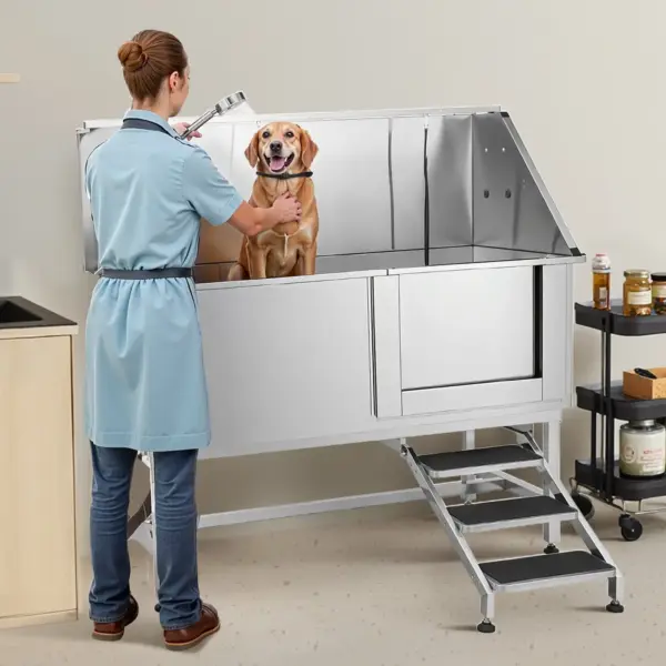 VEVOR Stainless Steel Dog Washing Station, 62 inch Pet Grooming Tub w/ Stairs, PE Water Filter Board, Faucet & Showerhead & Soap Holder Dog Bathtub for Large & Medium & Small Pets (Right Door)
