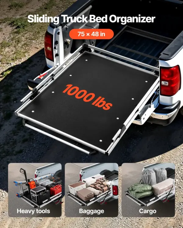 VEVOR Sliding Truck Bed Organizer, 75 x 48-Inch Heavy Duty Truck Bed Storage Drawer with 1000 lbs Capacity, Features 6 Movable Rings for Securing, 2-Postion Slide out Tray for Pickup Trucks, Black