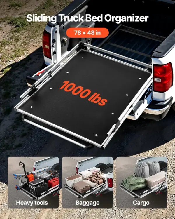 VEVOR Sliding Truck Bed Organizer, 78 x 48-Inch Heavy Duty Truck Bed Storage Drawer with 1000 lbs Capacity, Features 6 Movable Rings for Securing, 2-Postion Slide out Tray for Pickup Trucks, Black