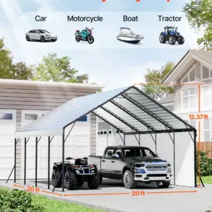 VEVOR Heavy Duty Metal Carport, 20 x 20 ft Outdoor Carport with Sturdy Frame & Roof, Car Garage Shade with Removable Sidewalls, Multi-Use Car Shelter for Pickup, Boat, Trucks & Tractors