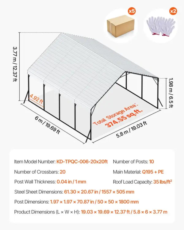VEVOR Heavy Duty Metal Carport, 20 x 20 ft Outdoor Carport with Sturdy Frame & Roof, Car Garage Shade with Removable Sidewalls, Multi-Use Car Shelter for Pickup, Boat, Trucks & Tractors