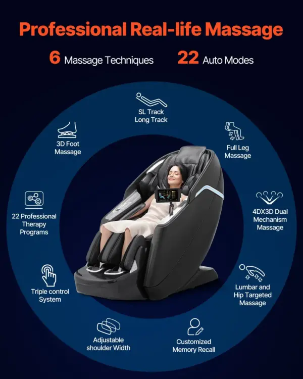 VEVOR Dual-Core 4D+3D Full Body Massage Chair, with Extended SL Track, Deep Yoga Stretch, Electric Extendable Footrest, TFT, AI Voice Control, Heat, Airbags, Armrest Controls, Wheels