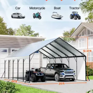 VEVOR Heavy Duty Metal Carport, 20 x 24 ft Outdoor Carport with Sturdy Frame & Roof, Car Garage Shade with Removable Sidewalls, Multi-Use Car Shelter for Pickup, Boat, Trucks & Tractors
